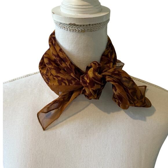 Anne Klein Silk Chiffon Square Neck Scarf Brown Vine Print - Picture 2 of 5